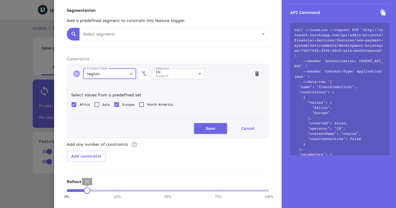 A strategy constraint form with a constraint set to &quot;region&quot;. The &quot;values&quot; input is a dropdown menu containing the options &quot;Africa&quot;, &quot;Asia&quot;, &quot;Europe&quot;, and &quot;North America&quot;, as defined in the preceding paragraph.